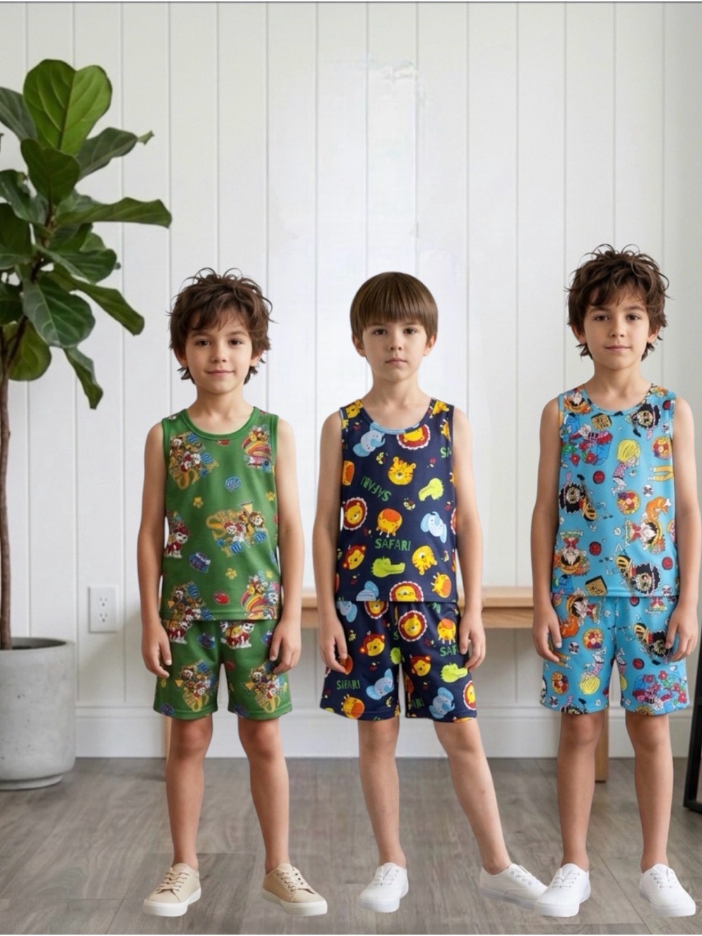 3 sets - One piece, Paw patrol and safari Kids Tank & Shorts Set